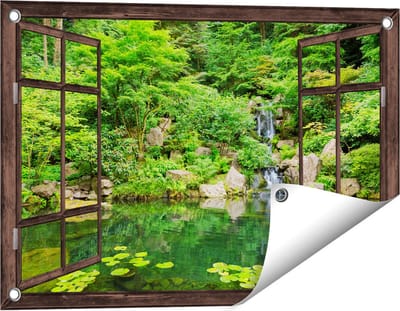 Gards Tuinposter Doorkijk Panorama van Japanse Tuin - 60x40 cm - Tuindoek - Tuindecoratie - Wanddecoratie buiten - Tuinschilderij