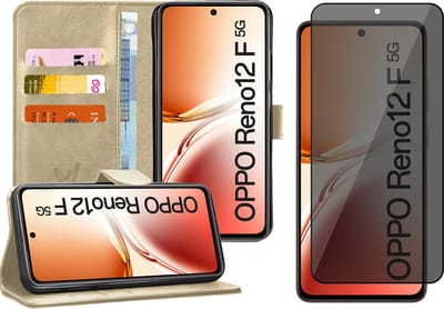 Hoesje geschikt voor Oppo Reno 12F / 12FS - Privacy Screenprotector Volledig Dekkend Glas - Portemonnee Book Case Goud