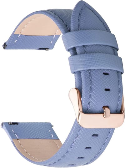 Leren Horlogeband 18mm, Cross Series Vervangband voor Smartwatch met Roestvrijstalen Sluiting, Lichtblauw en Roségouden Gesp, Comfortabel en Duurzaam