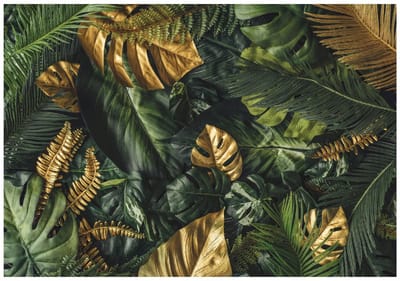 WALLARENA - Fotobehang - 150x105 cm - Fototapet met gouden groene monstera bladeren voor slaapkamer en woonkamer