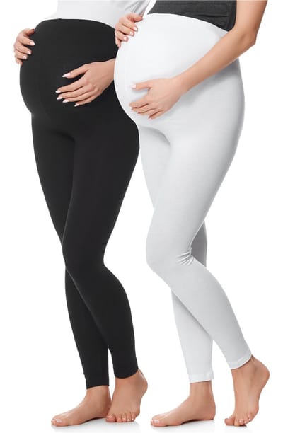 Be Mammy BE-BE20-230-LE-2P 2Pack Dames Zwangerschapsleggings Leggings - Sport - Vrijetijdsbroek - Lang - Katoen - Sporbroek – Yogabroek - Zwart/Wit - L