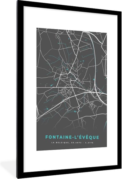 Fotolijst incl. Poster - Stadskaart – Grijs - Kaart – Fontaine l'Évêque – België – Plattegrond - 60x90 cm - Posterlijst