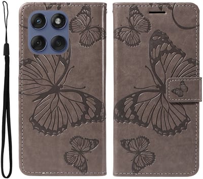 Coverup Hoesje - Geschikt voor Motorola Edge 60 / 60 Fusion / 60 Pro Hoesje - Coverup Vlinders Book Case - Taupe Grijs