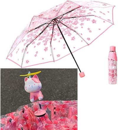 Paraplu - Transparante reisparaplu - Opvouwbare handmatige paraplu - Sakura Kitten 3D-ontwerp - PVC-materiaal - Drievoudig draagbaar -roze- Wordt geleverd met kittenaccessoire - Schattige en veelzijdige transparante paraplu