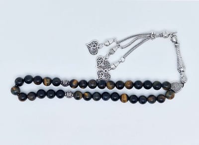 Handgemaakte tesbih klassiek - "Tasbih" natuursteen "Tijgeroog" - Aantal kralen 33 - Diameter kralen 8 MM - met metaal tassel "Harten" - Een mooi cadeau-idee