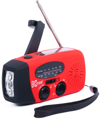 Kiraal – Noodradio Opwindbaar met Accu & Zonnepaneel | Voor Rampen - Noodpakket - Camping & Stroomuitval – Inclusief Nederlandse Handleiding - Rood