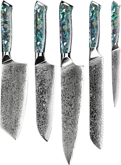 Shinrai Knives - Messenset - 5 delig - Koksmes - Japans Design - Mes - Parelmoer Jewels - Met Luxe Geschenkdoos - Keukenmessen
