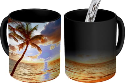 Magische Mok - Foto op Warmte Mokken - Koffiemok - Strand - Horizon - Zonsondergang - Palmboom - Zee - Magic Mok - Beker - 350 ML - Theemok