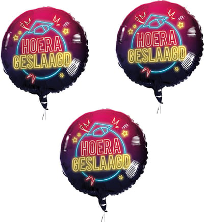 Folieballon Hoera Geslaagd examen school 3 stuks 45 cm. Ballon met opblaasrietje.