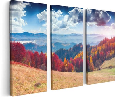 Artaza Canvas Schilderij Drieluik Kleurrijke Herfstbos Met Heuvellandschap - 120x80 - Foto Op Canvas - Canvas Print