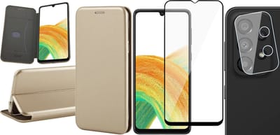 Hoesje geschikt voor Samsung Galaxy A33 - Book Case Kunstlederen Wallet Cover Minimalistisch Pasjeshouder Hoes Goud - Full Tempered Glass Screenprotector - Camera Lens Protector