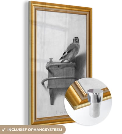 MuchoWow® Glasschilderij 40x60 cm - Schilderij acrylglas - Het puttertje - Schilder - Lijst - Goud - Foto op glas - Schilderijen