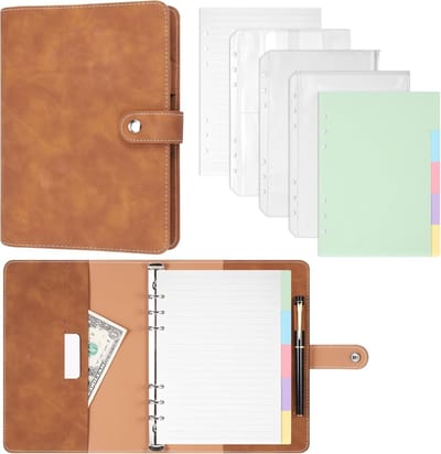 Stijlvolle PU Leren Ringband Notitieboek, Navulbaar 6-Ring Schrijfblok met Losse Bladen, Opbergvakken en Tabs voor Reisdagboek en Persoonlijke Planner (Bruin)