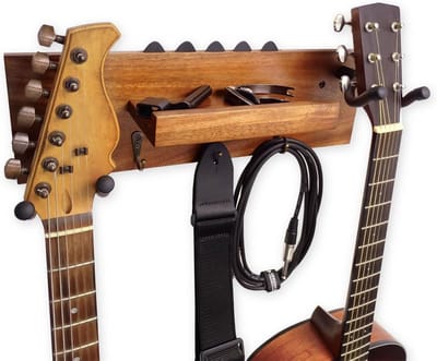Dubbele Gitaarhouder - Wandrek Instrument - Veilig Opbergen - Met Haken Plank - 43 x 13 cm - Houtkleur