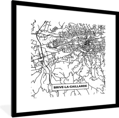 Fotolijst incl. Poster Zwart Wit- Stadskaart - Plattegrond - Brive-la-Gaillarde - Kaart - Frankrijk - Zwart wit - 40x40 cm - Posterlijst