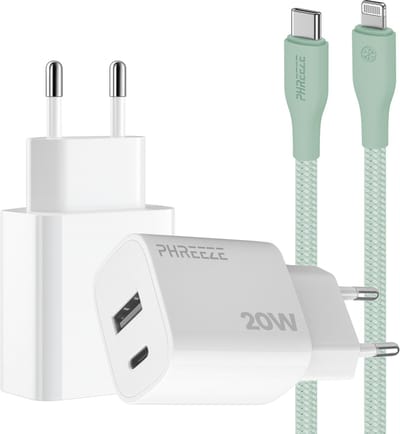 Phreeze usb C adapter 20 W groen met kabel geschikt voor iPhone 15 14 13 en iPad met Lightning kabel - Power Delivery snellader met 2 poorten