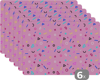 Placemat - Placemats kunststof - Design - Patronen - Roze - Jaren 80 - 45x30 cm - 6 stuks - Hittebestendig - Anti-Slip - Onderlegger - Afneembaar