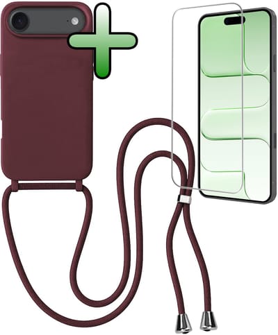 Hoes Geschikt voor iPhone Air Hoesje Met Koord Met Screenprotector - Telefoonhoesje Geschikt voor iPhone Air Backcover Met Afneembaar Koord - Aubergine
