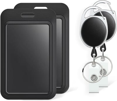 Set van 2 Zwarte Verticale Plastic Badgehouders met Retractable Reel voor ID, School en Kantoorgebruik