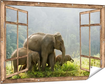 Gards Tuinposter Doorkijk Olifanten Familie in de Jungle - Olifant - 150x100 cm - Tuindoek - Tuindecoratie - Wanddecoratie buiten - Tuinschilderij