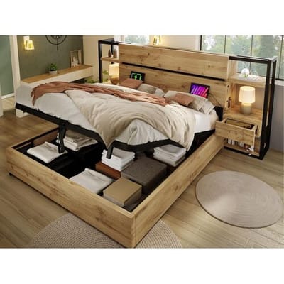 ModernLuxe Opbergbed voor volwassenen 160x200cm van hout - met USB- en Type-C oplaadpoort - met 2 lades - met lattenbodem - Natuur