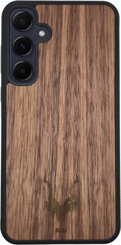Kudu Samsung Galaxy A05s hoesje case - Houten backcover - Handgemaakt en afgewerkt met duurzaam TPU - Walnoot - Zwart