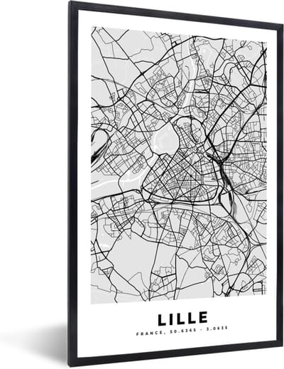Fotolijst incl. Poster - Plattegrond - Lille - Stadskaart - Kaart - Frankrijk - 40x60 cm - Posterlijst