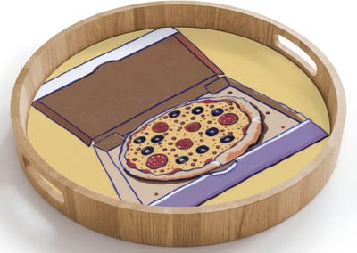 Dienblad rond 40x40 cm - Schootdienblad hout - Pizza - Doos - Salami - Illustratie - Borrelplank rechthoek - Plateau houten dienbladen