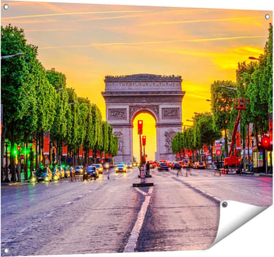 Gards Tuinposter Arc de Triomphe in Parijs vanaf de Straat - 100x80 cm - Tuindoek - Tuindecoratie - Wanddecoratie buiten - Tuinschilderij