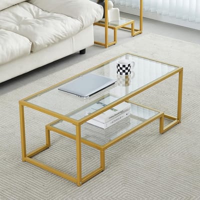 Tweelaags Salontafel met Gehard Glas en Gouden Metalen Frame