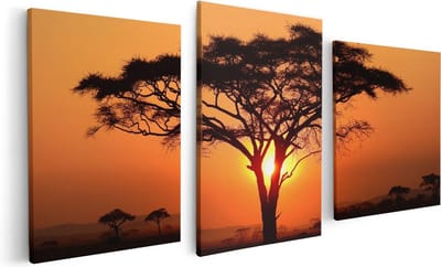 Artaza Canvas Schilderij Drieluik Zonsondergang Achter Een Savanne Boom - 120x60 - Foto Op Canvas - Canvas Print