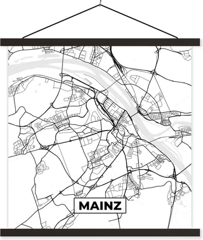 Posterhanger incl. Poster 60x60 cm - Schoolplaat - Mainz - Plattegrond - Kaart - Stadskaart - Textielposter - Zwarte latten - Stadskaart