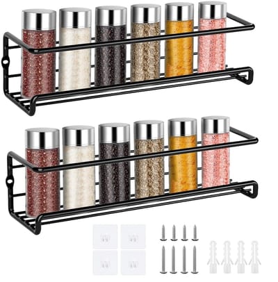 2er Set Kruidenrek Wand Zonder Boren Zwart - Zelfklevend en Met Schroeven - Kruidenrekje voor Keukenkastdeur - ShopVlot