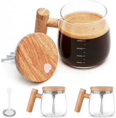 Zelfroerende glazen mokken set van 2, elektrische roerbeker met 4 roerkoppen voor koffie, warme chocolademelk en eiwitdrankjes