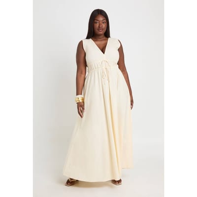 boohoo Dames Plus Diepe V-hals Maxi Skater Jurk Met Strikdetail | Citroen | Maat: 44