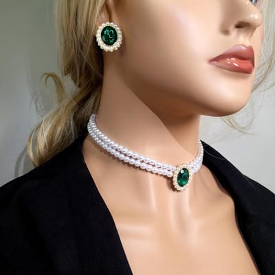 3 stuks dames trendy dubbele rij parel smaragd oorbellen ketting sieraden set bruiloft banket feest vakantie geschenken black