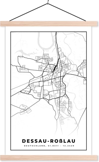 Posterhanger incl. Poster 40x60 cm - Schoolplaat - Plattegrond - Dessau-Roslau - Kaart - Stadskaart - Textielposter - Blanke latten - Stadskaart
