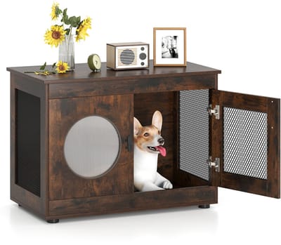 COSTWAY Hondenkooi, dierenkooi, hondenbox in meubelstijl met deur en pc-raam, huisdierkooi voor kleine en middelgrote honden, katten, huisdieren, bijzettafel voor thuis, hondenhok, bruin, 82 x 47 x 60