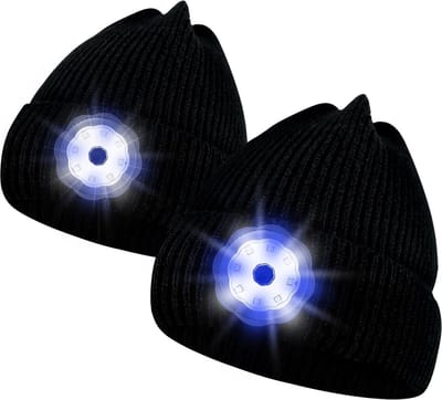 Riuog lichtgevende LED-mutsen, gebreide muts met LED-verlichting, USB-opladen, 4 verlichtingsmodi, origineel kerstcadeau - zwart (2 stuks)