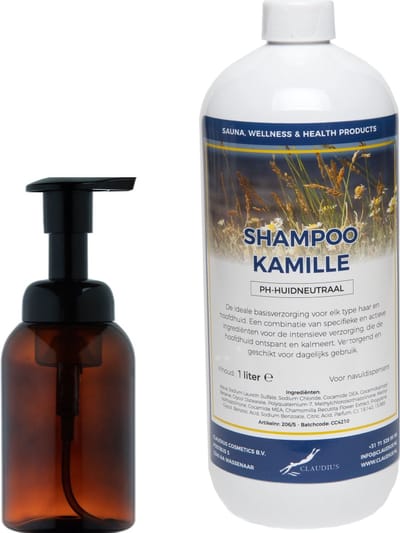 Zeepdispenser 300 ml amber bruin hervulbaar + 1 liter Shampoo Kamille navulling