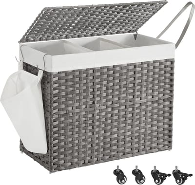 SONGMICS - Wasmand - Wassorteerder - Met Deksel - 3 Vakken - Uitneembare Waszak - Wielen - 150L+10L