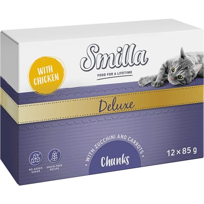 12x85g Smilla Deluxe Hapjes Katten Natvoer met Kip, Courgettes en Wortelen