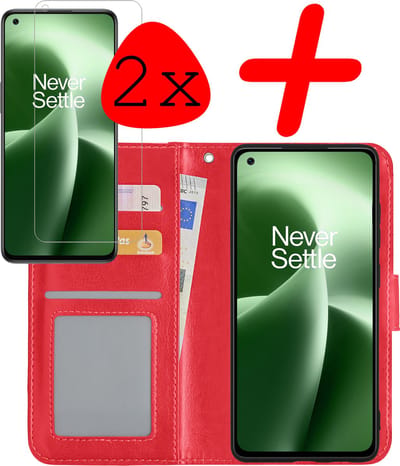 Hoesje Met 2x Screenprotector - Geschikt voor OnePlus Nord 2T - Luxe Pasjeshouder - Bookcase Portemonee - Flip Case - Kunstleer Book Case - Flipcase Hoes - Book Cover - Walletcase - Portemonneehoes - Rood