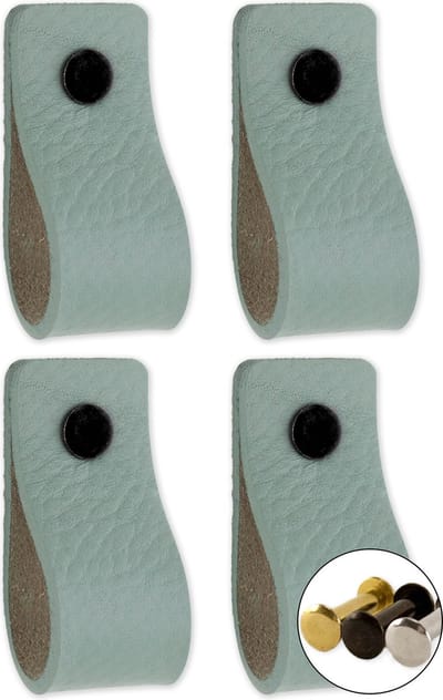 Leren handgrepen - Vaalgroen - 4 stuks - 12,5 x 2,5 cm - incl. 3 kleuren schroeven - Handgrepen leer - Leren meubelgreep - Leren handvaten kast - Leren lus - Handgreep kast leer - Leren greepjes - Handvat leer - Leren deurgreep - Leren handgreep