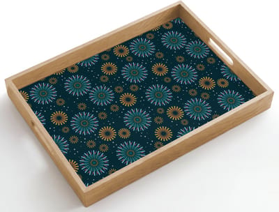 Dienblad hout 50x35 cm - Schootdienblad - Blauw - Patroon - Retro - Borrelplank rechthoek - Plateau dienbladen