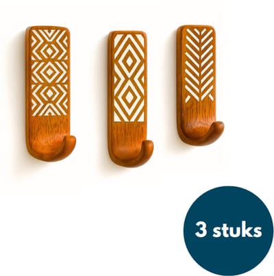 Kapstok haken hout - Teak hout - Wandhaken - Wandkapstok - Zelfklevende haakjes - Plakhaakjes - Bali Look - 3 stuks