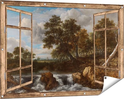 Gards Tuinposter Doorkijk Landschap met Waterval - Jacob van Ruisdael - 120x80 cm - Tuindoek - Tuindecoratie - Wanddecoratie buiten - Tuinschilderij