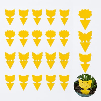 Gele Plakvallen Planten 50 Stuks, Decoratieve Insectenvallen met Vlinder Zonnebloem en Kat Vorm, Dubbelzijdige Sticky Traps tegen Rouwvliegjes Fruitvliegjes en Bladluizen