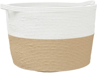 Grote Wasmand Ø 60x36 cm Beige en Wit - Gevlochten Katoenen Mand voor Wasmand Sorteerder
