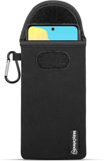 MobyDefend Hoesje - Geschikt voor Oppo A98 - Neopreen Pouch Met Karabijnhaak - Insteek - Riemlus - Zwart